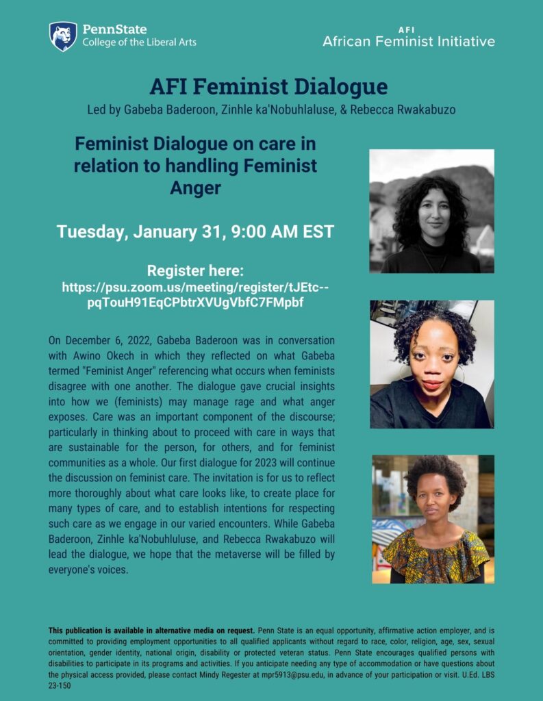 Poster of AFI Feminist Dialogue on Care in Relation to Handling Feminist Anger